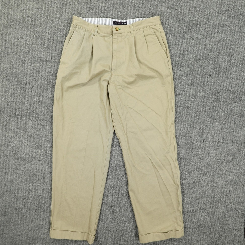 Tommy Hilfiger Pants Mens 33x30 Beige Pleated Classic Fit Cuffed Chino Khakis